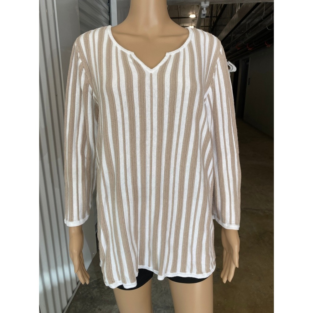 CHICO'S Women's Top Cream Tan Striped V Neck 3/4 Sleeve Knit Top Size 3 XL